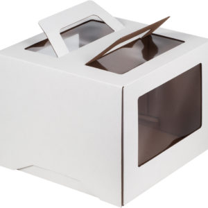Коробка для торта с ручкой и окошком, 240*240*240 мм (белая) гофрокартон