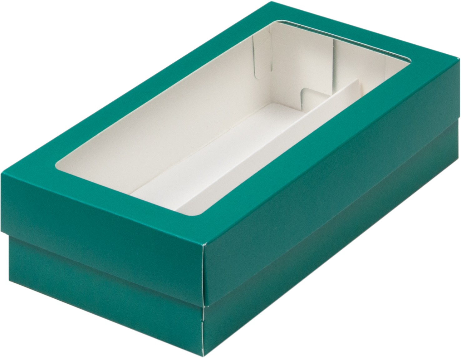 Коробка для макарон и др.кондитерской продукции с прямоугольным окошком 210*110*55 мм (зеленая мат.)