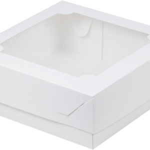 Коробка для зефира, тортов и пирожных с окошком и вставкой сердце 200*200*70мм (белая)