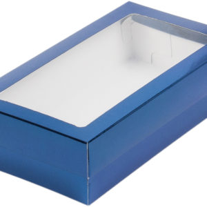 Коробка для макарон и др.кондитерской продукции с прямоугольным окошком 210*110*55 мм (синяя)