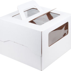 Коробка для торта с ручкой и окошком, 280*280*200 мм (белая) гофрокартон