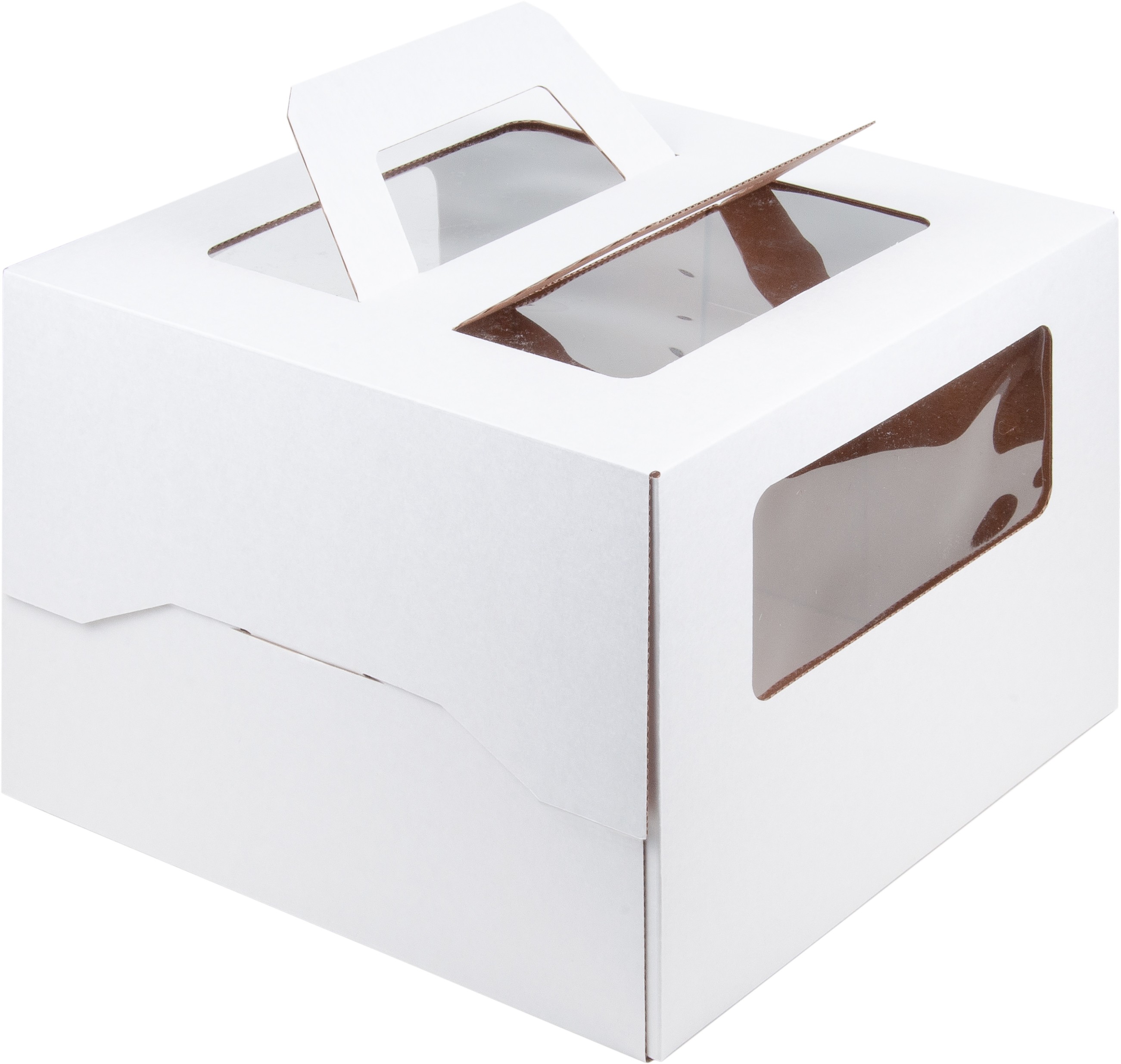 Коробка для торта с ручкой и окошком, 280*280*200 мм (белая) гофрокартон