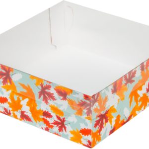 Коробка для зефира, тортов и пирожных с пластиковой крышкой 200*200*70 мм (осень)