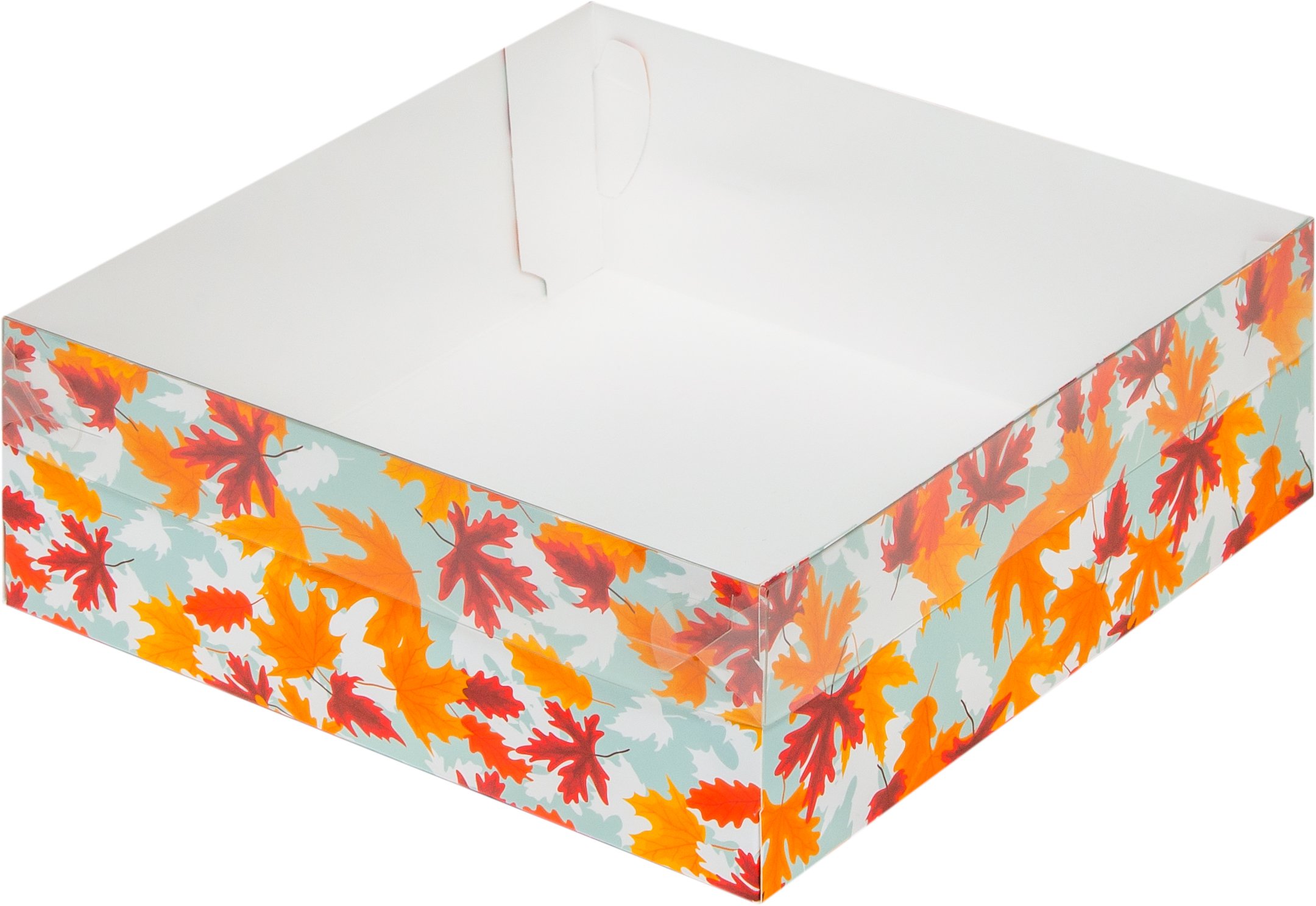 Коробка для зефира, тортов и пирожных с пластиковой крышкой 200*200*70 мм (осень)