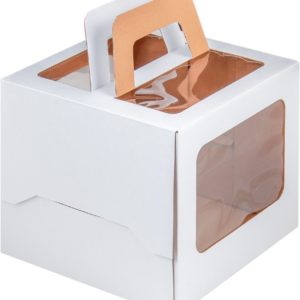 Коробка для торта с ручкой и окошком, 220*220*200 мм (белая) гофрокартон