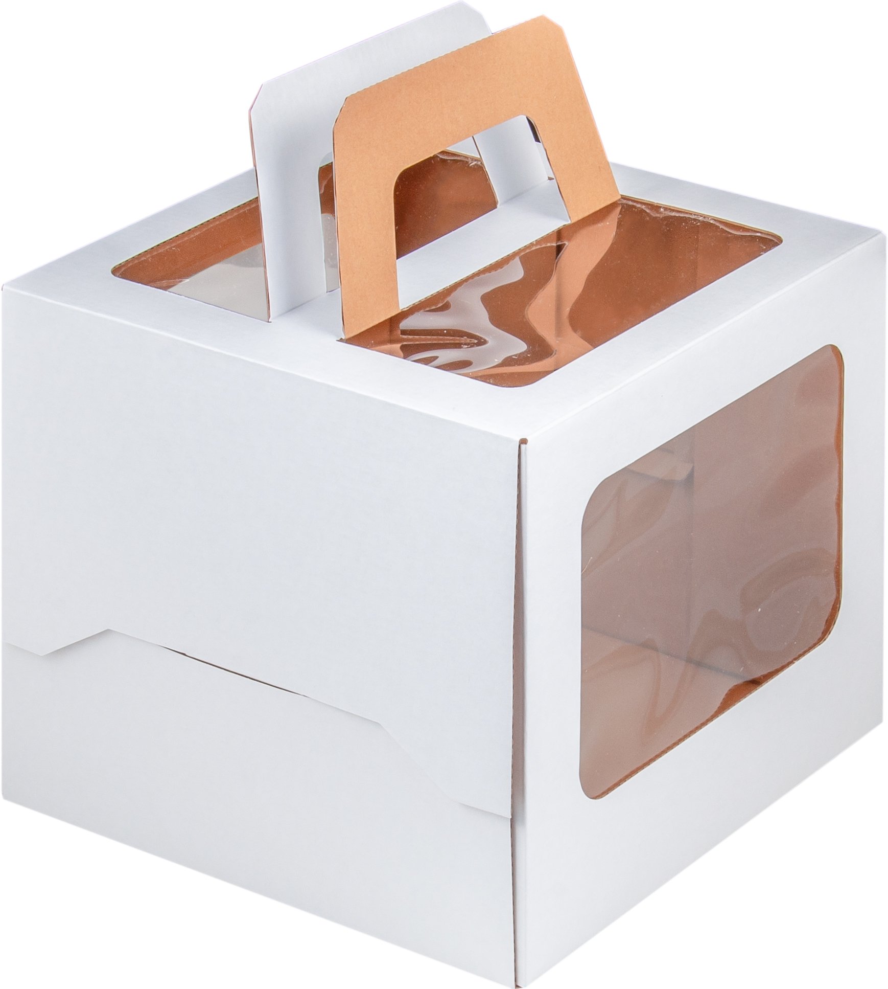 Коробка для торта с ручкой и окошком, 220*220*200 мм (белая) гофрокартон