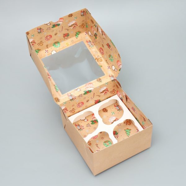 Коробка для капкейков складная с двусторонним нанесением "С Новым годом!" 16*16*10 см