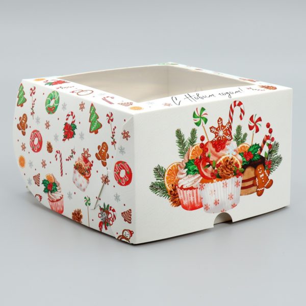 Коробка складная на 4 капкейка с окном «С Новым годом!», сладости, 16 х 16 х 10 см