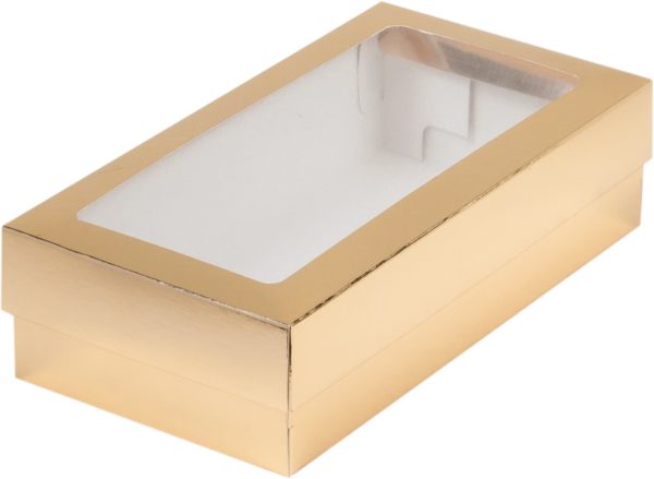 Коробка для макарон и др.кондитерской продукции с прямоугольным окошком 210*110*55 мм (золото)